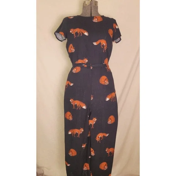 Modcloth‎ Red Fox Jumpsuit Romper Cropped Pant Tie Waist Navy Linen XS Funky - Picture 2 of 14